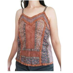 Gimmicks EUC mixed media boho lace floral patchwork tie back tank size S